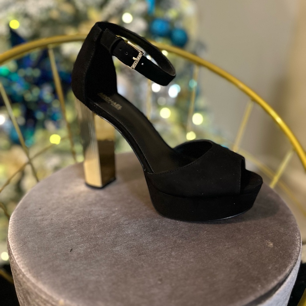 Michael Kors Elegant Black Suede Platform Gold Heels